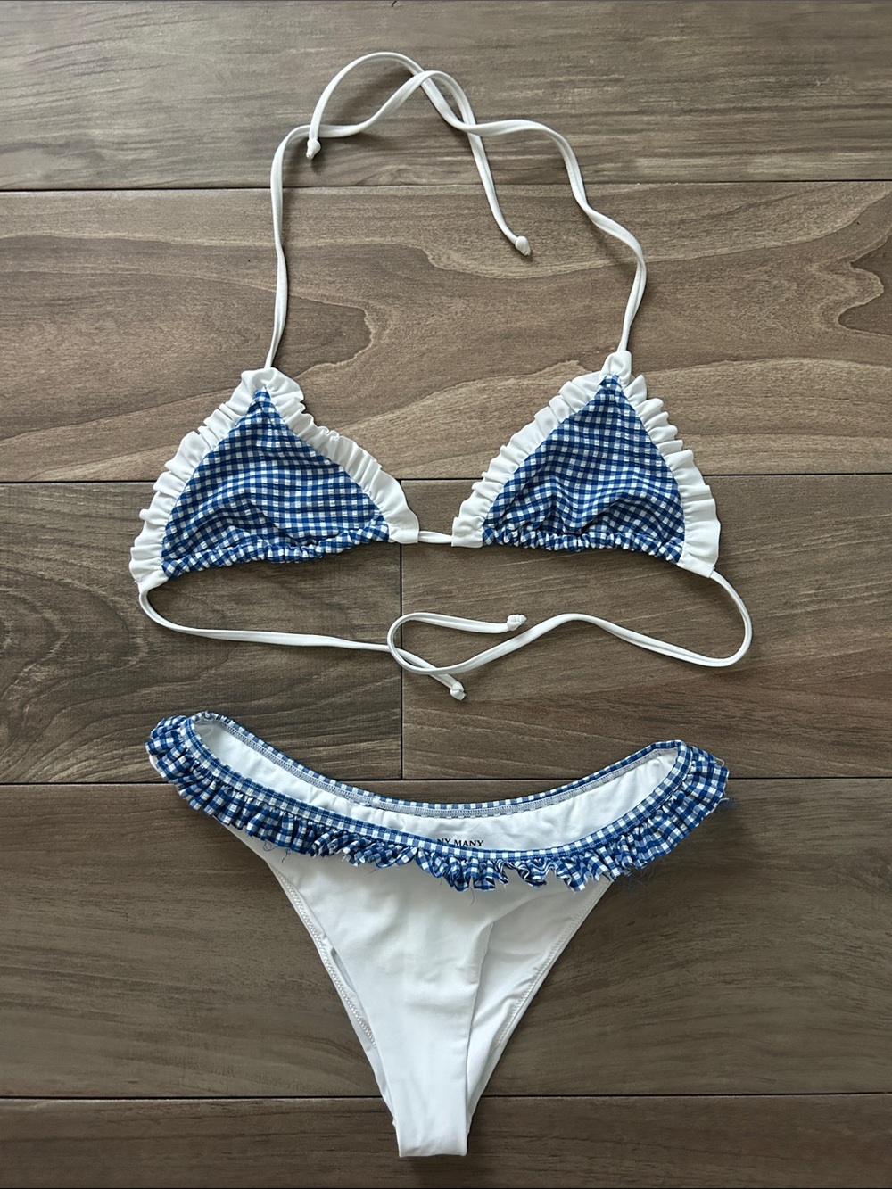 White Cheeky Bikini with Blue Gingham Ruffle Trim NWOT